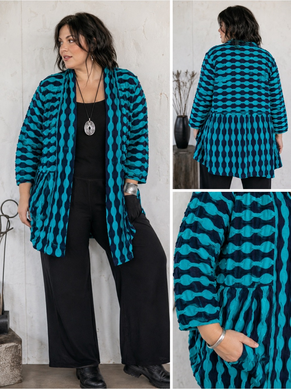 Teal Navy 2X Textured Wavy Open Front Cardigan Art to Wear Lagenlook